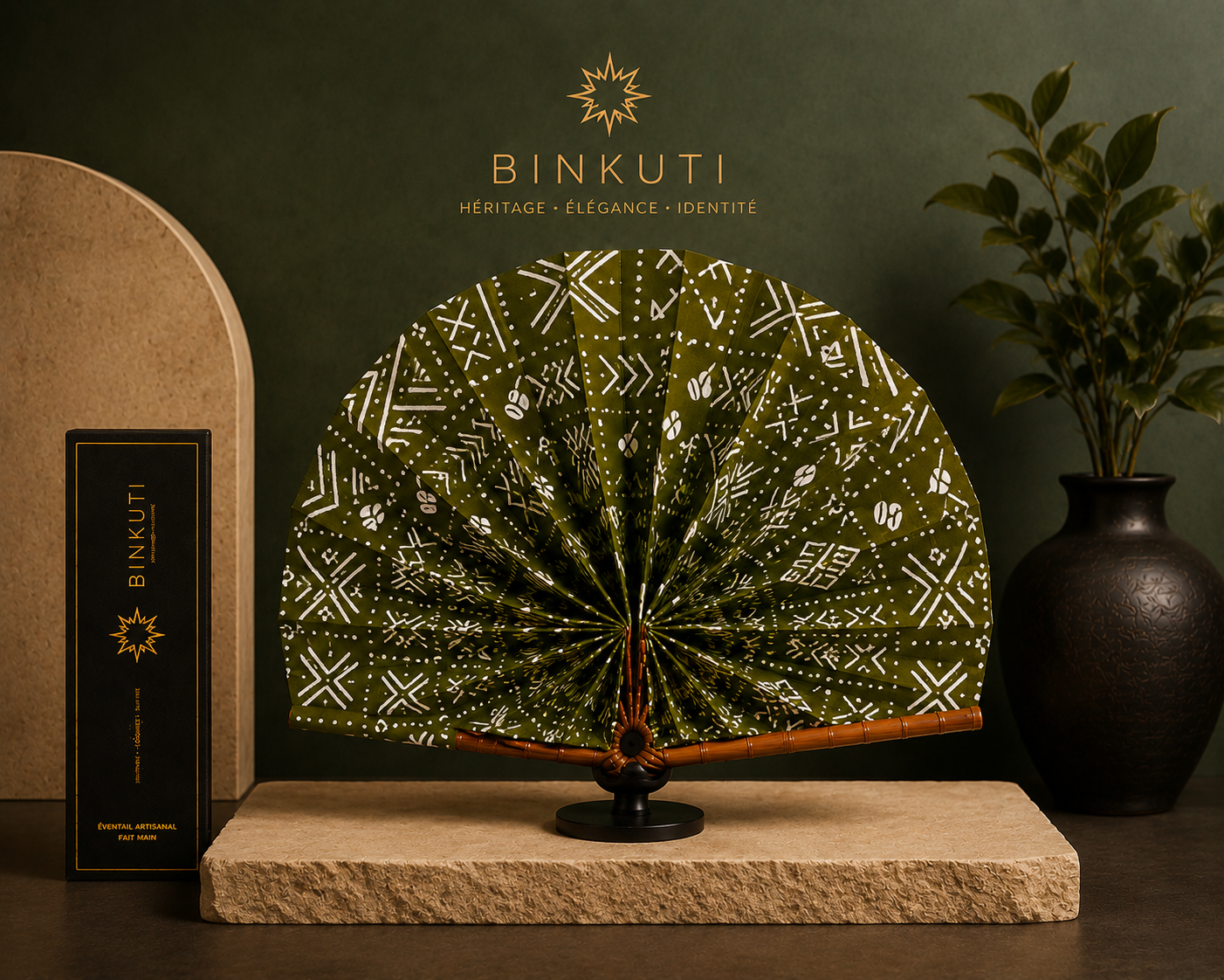 Éventail BINKUTI Vert & Blanc Bogolan