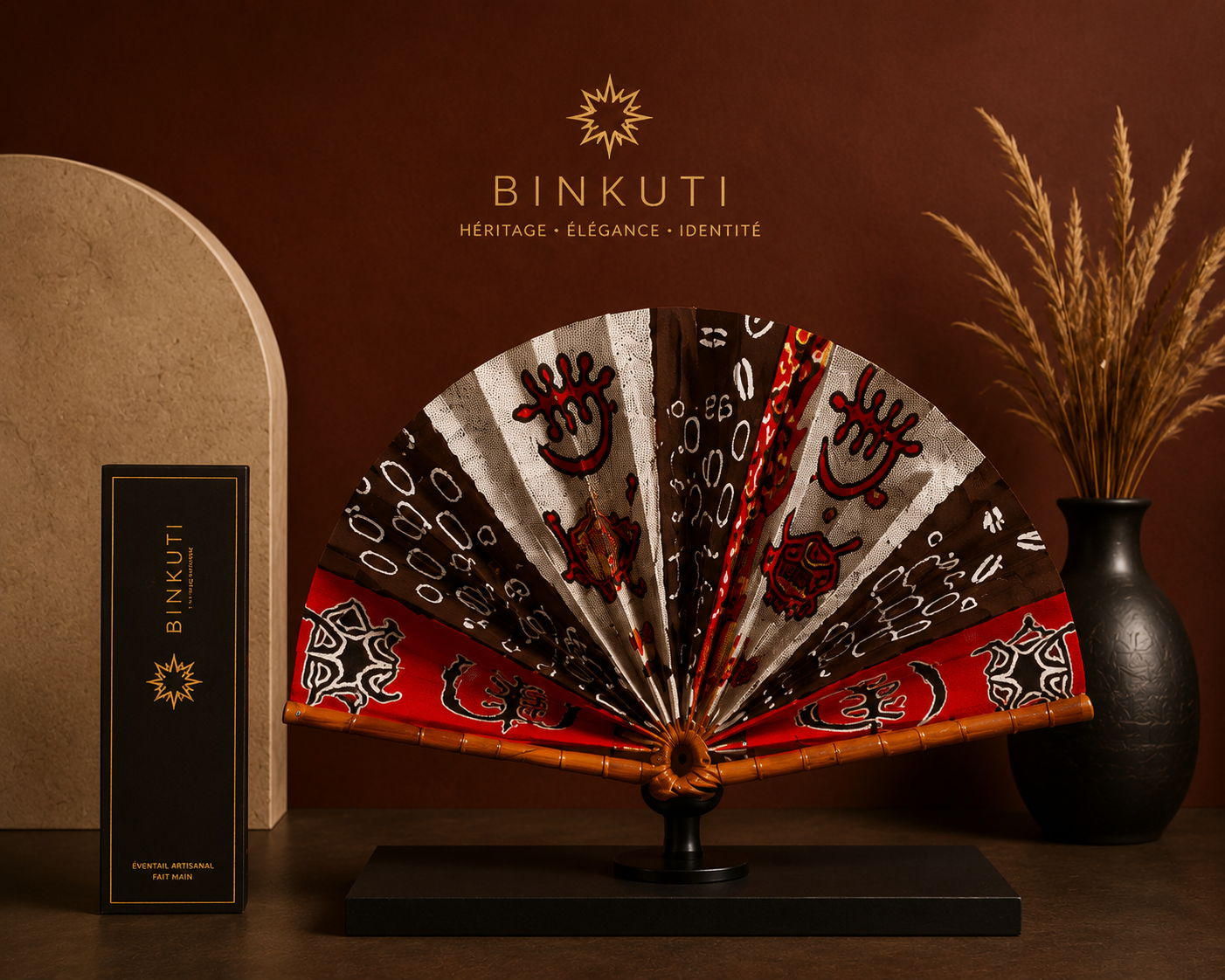 Éventail BINKUTI Rouge Noir & Blanc Adinkra
